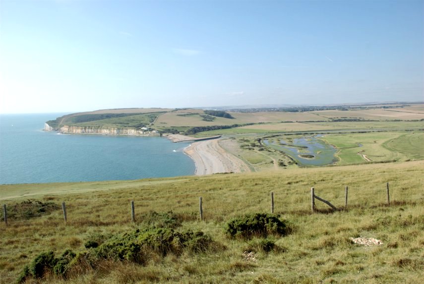 Cuckmere Haven and Seaford Head from the top of the Seven Sisters Chalk Cliffs, Sussex, England, Great Britain