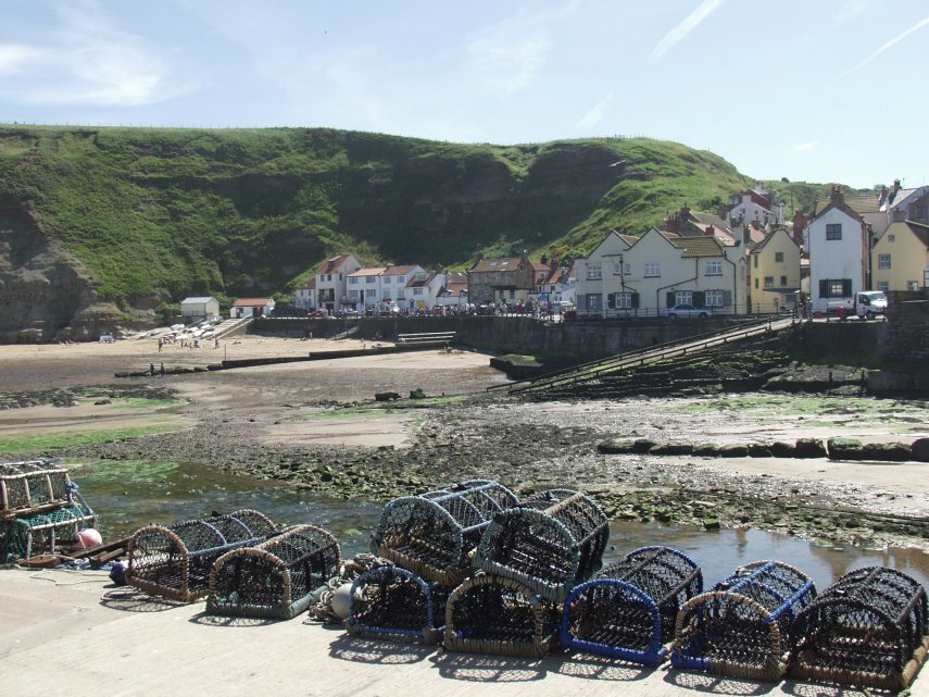 Lobster Pots on the Harbour Wall, Staithes, Yorkshire, England, Great Britain