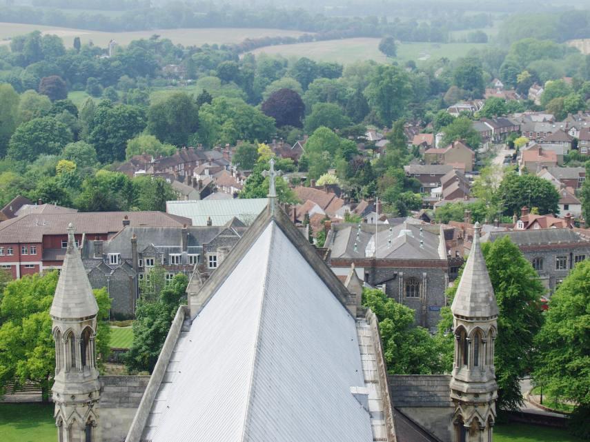 The view from the Tower, St. Albans Cathedral, St. Albans, Hertfordshire, England, Great Britain