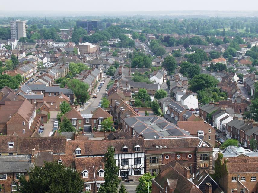 View South-East from the Tower, St. Albans Cathedral, St. Albans, Hertfordshire, England, Great Britain