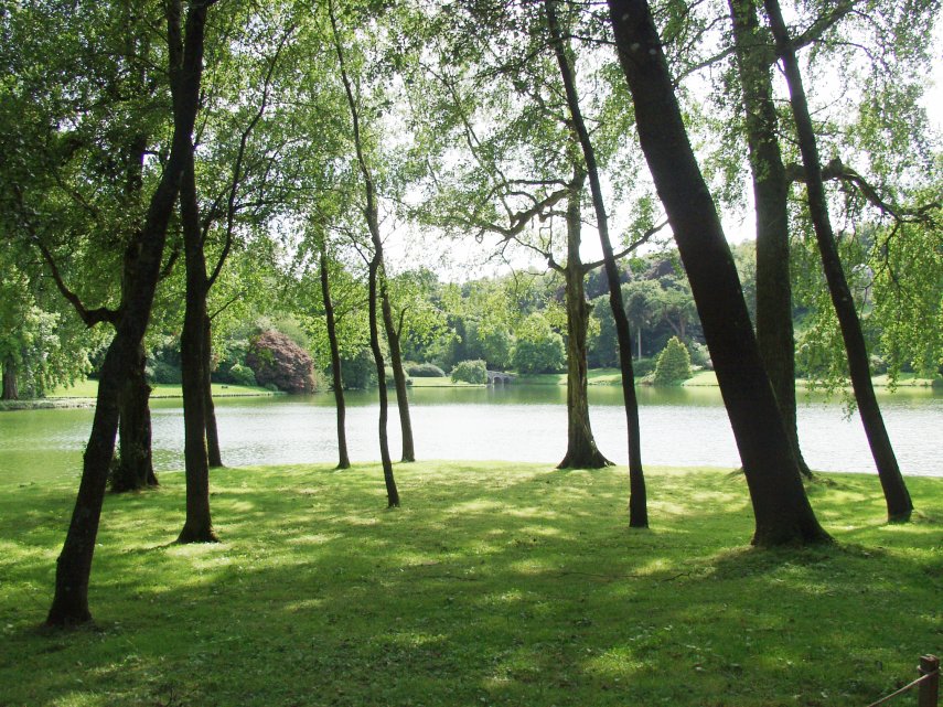 A vista across the lake, Stourhead Garden, Stourton, Wiltshire, England, Great Britain