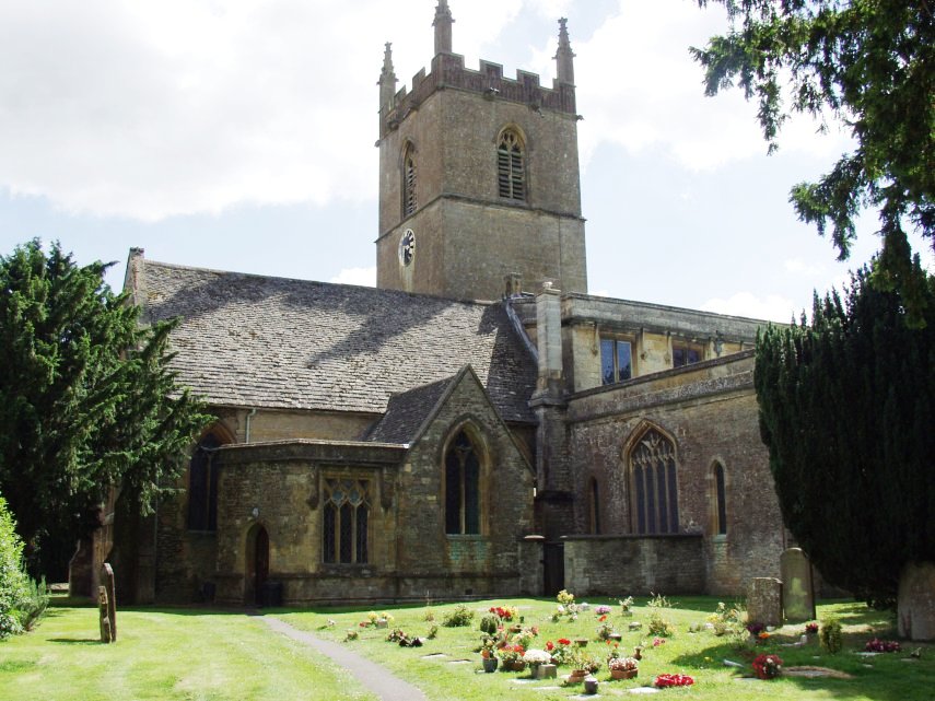 Scene showing the church of St. Edward, Stow-on-the-Wold, Gloucestershire, England