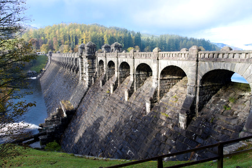 A view of the dam, Lake Vyrnwy, Mongomeryshire, Wales, Great Britain