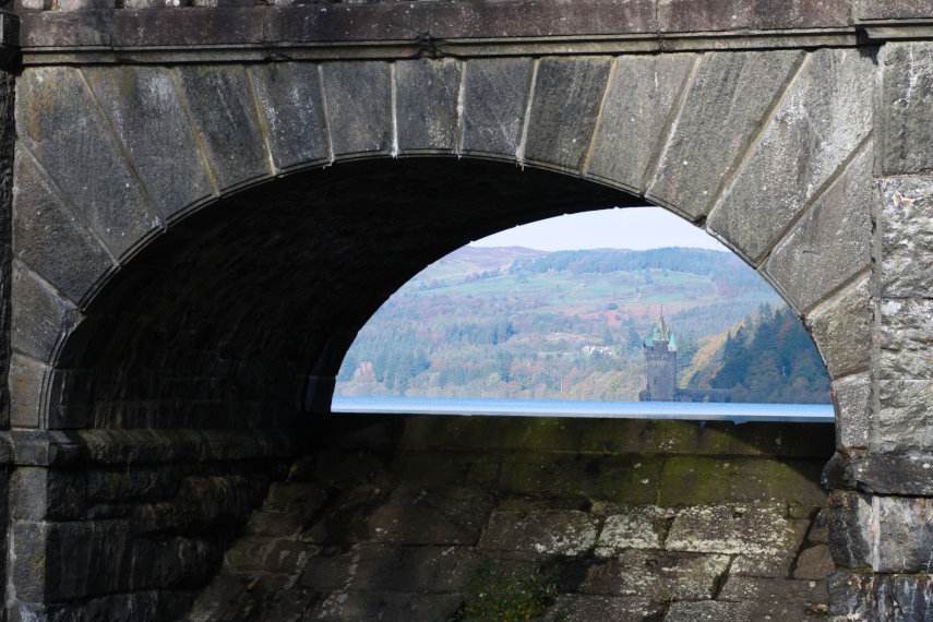 The Straining Tower seen through one of the dam arches, Lake Vyrnwy, Mongomeryshire