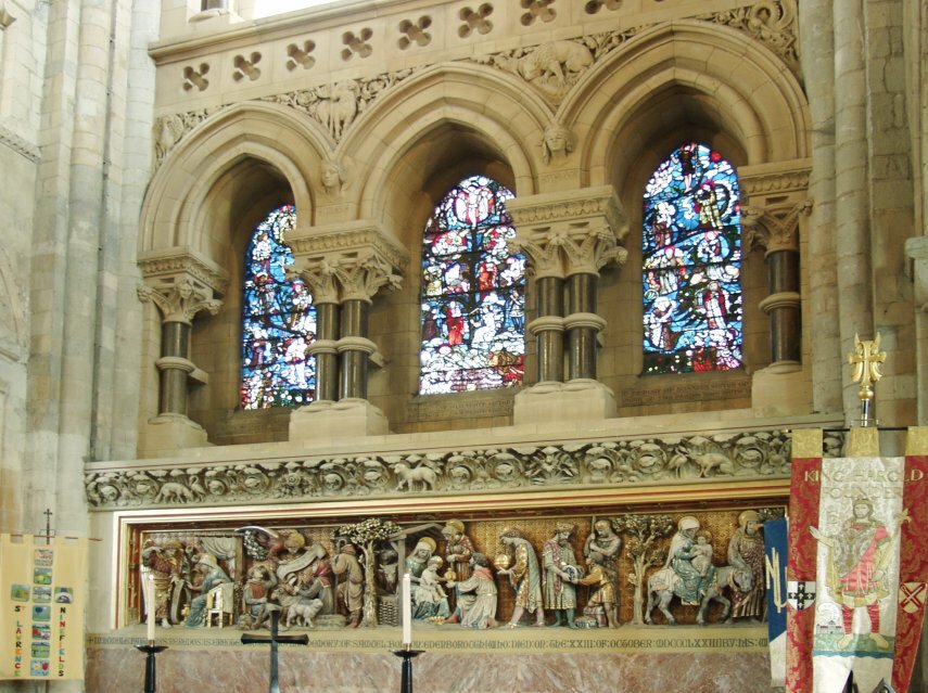 The Main Altar and East Window, Church of the Holy Cross and St. Lawrence, Waltham Abbey, Essex, England, Great Britain
