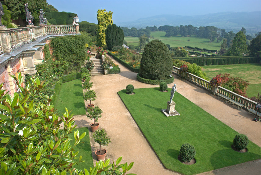 A view of the Orangery Terrace from the Aviary Terrace, Powis Castle, Welshpool, Mongomeryshire