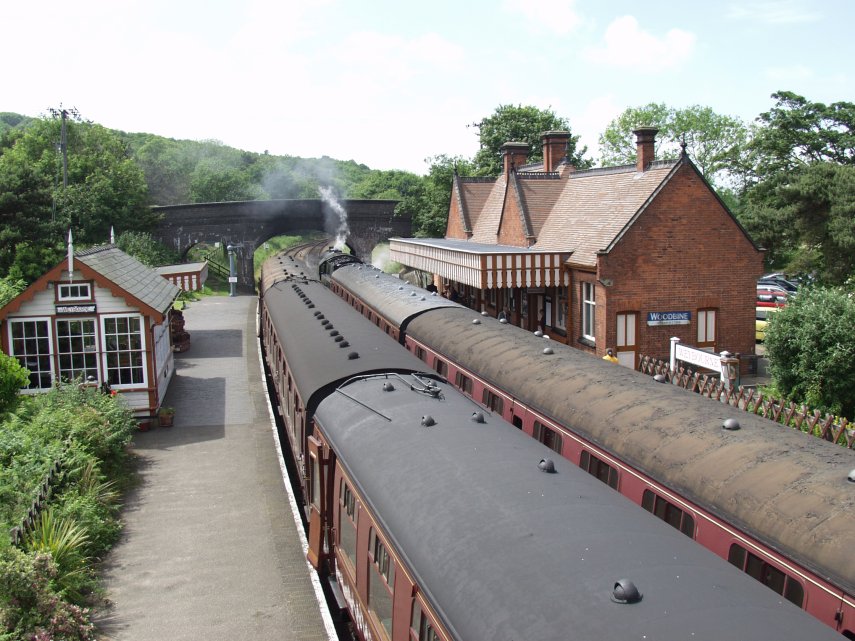 Steam hauled train at Weybourne Station on the North Norfolk Railway, Weybourne, Norfolk, England