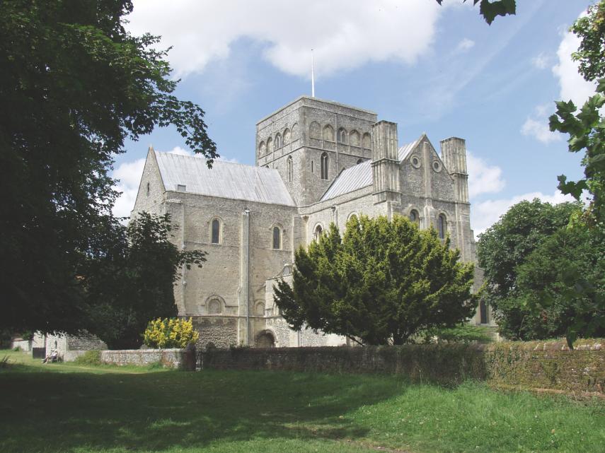 Scene showing the church of St. Cross Hospital, Winchester, Hampshire, England