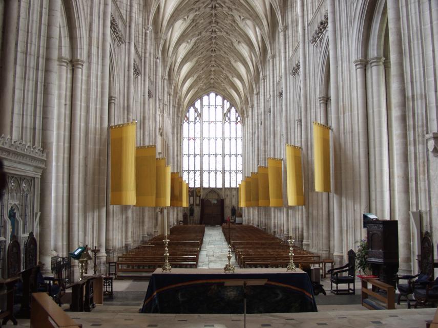 The Great West Window from the Quire, Winchester Cathedral, Winchester, Hampshire, England, Great Britain