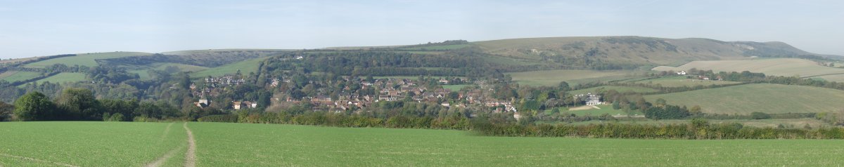 Alfriston from Windover Hill, South Downs, Sussex, England