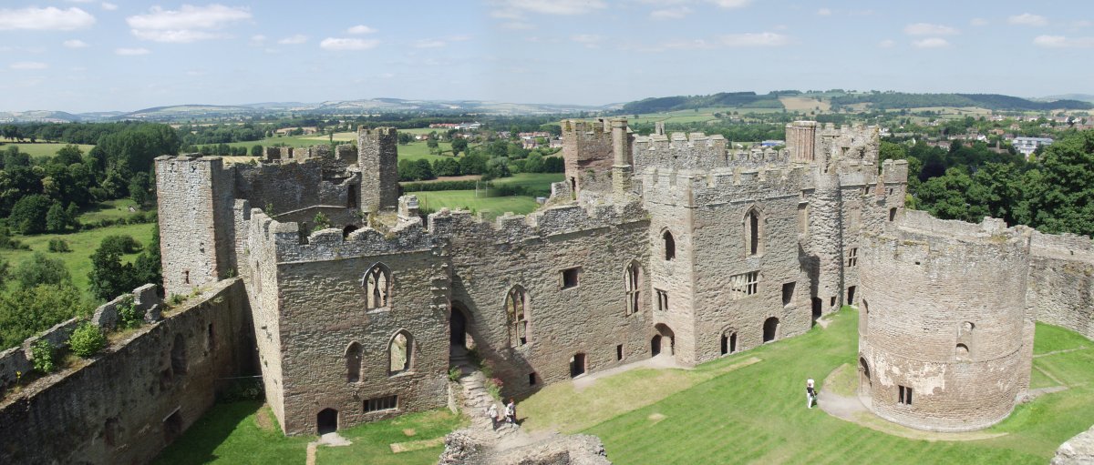 Panorama showing the North Range and the Round Chapel, Ludlow Castle, Ludlow, Shropshire, England