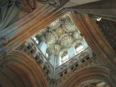 Photo looking up the Bell Harry Tower to the fan vaulting in the roof, Canterbury Cathedral, Canterbury, Kent, England
