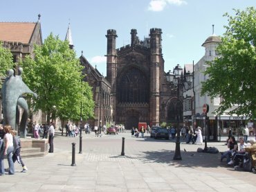 Scene showing the main entrance to the cathedral from Northgate Street, Chester, Cheshire, England