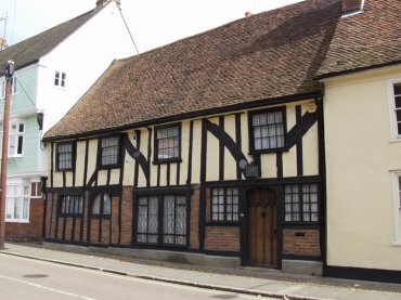 View of a timber-framed house with brick noggin, Coggeshall, Essex, England