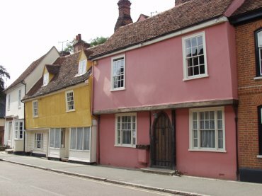 View of timber-framed buildings in Church Street, Coggeshall, Essex, England