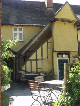 View of the outside staircase on the Sun Inn, Dedham, Essex, England