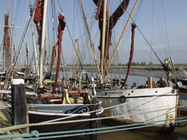 Scene showing Thames sailing barges at Hythe Quay, Maldon, Essex, England