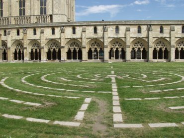 View of Norwich Cathedral Cloisters and the Millenium Labyrinth, Norwich, Norfolk, England