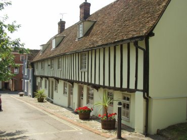 Scene showing some timber-framed terraced cottages, Saffron Walden, Essex
