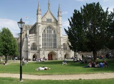 Scene showing the West Front of Winchester Cathedral, Winchester, Hampshire (Hants), England