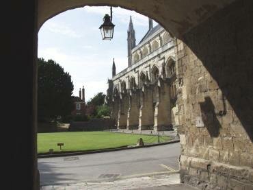 View of the flying buttresses on Winchester Cathedral, Winchester, Hampshire (Hants), England
