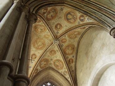 View of the 13th Century painted ceiling in the Guardian Angel Chapel, Winchester Cathedral, Winchester, Hampshire (Hants), England