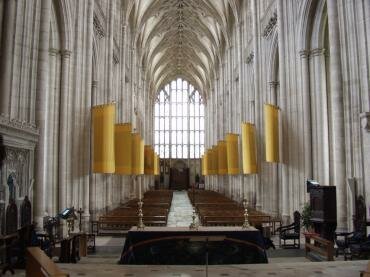 View of the stained glass window in the west end, Winchester Cathedral, Winchester, Hampshire (Hants), England
