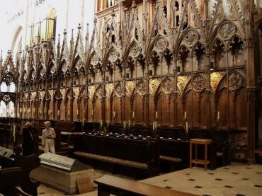 View of the wood carvings in the Quire, Winchester Cathedral, Winchester, Hampshire (Hants), England