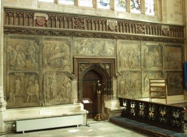 View of 16th Century paintings in the Lady Chapel, Winchester Cathedral, Winchester, Hampshire (Hants), England