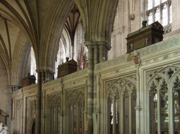 View of the mortuary chests on the Quire side screens, Winchester, Hampshire (Hants), England