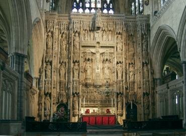 View of the 16th Century altar screen at the end of the Quire, Winchester Cathedral, Winchester, Hampshire (Hants), England