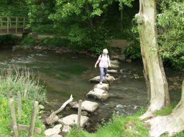 View of the Stepping Stones across to Gipsy Bank, Wolfscote Dale, Derbyshire Peak District