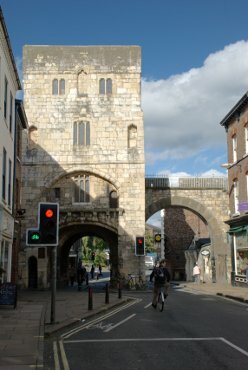View of Monk Bar and part of the city wall, North Yorkshire, England